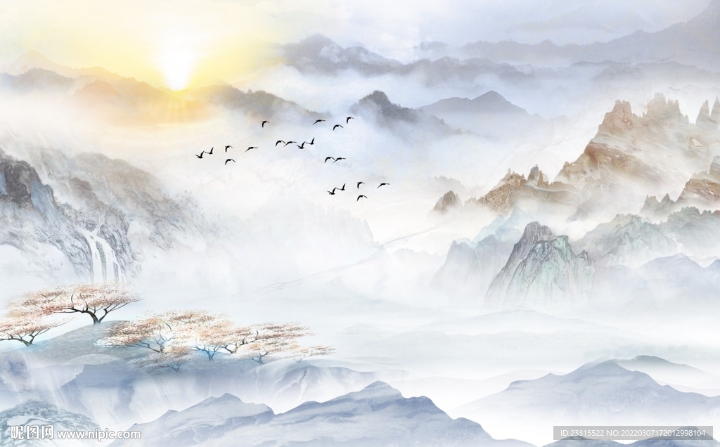 高山流水山川山峦新中式背景墙