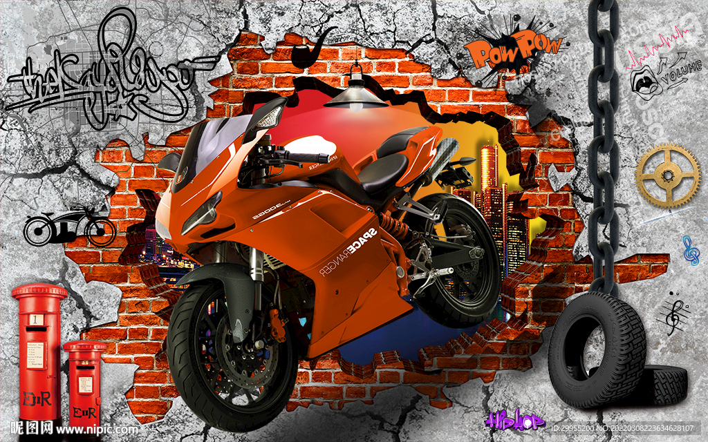 3D破洞机车摩托车背景墙