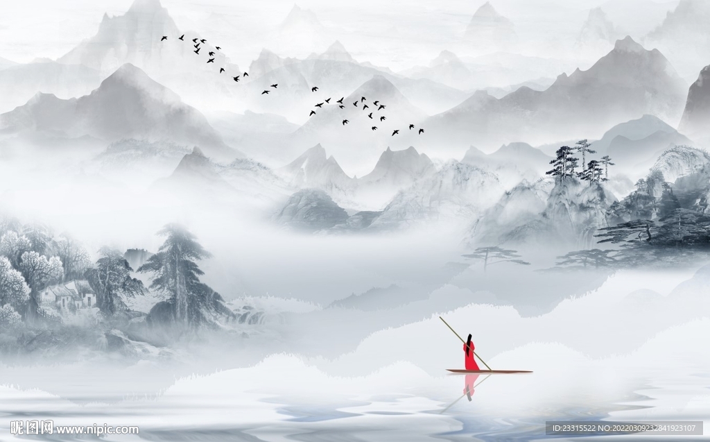 美女仕女青山绿水山水电视背景墙