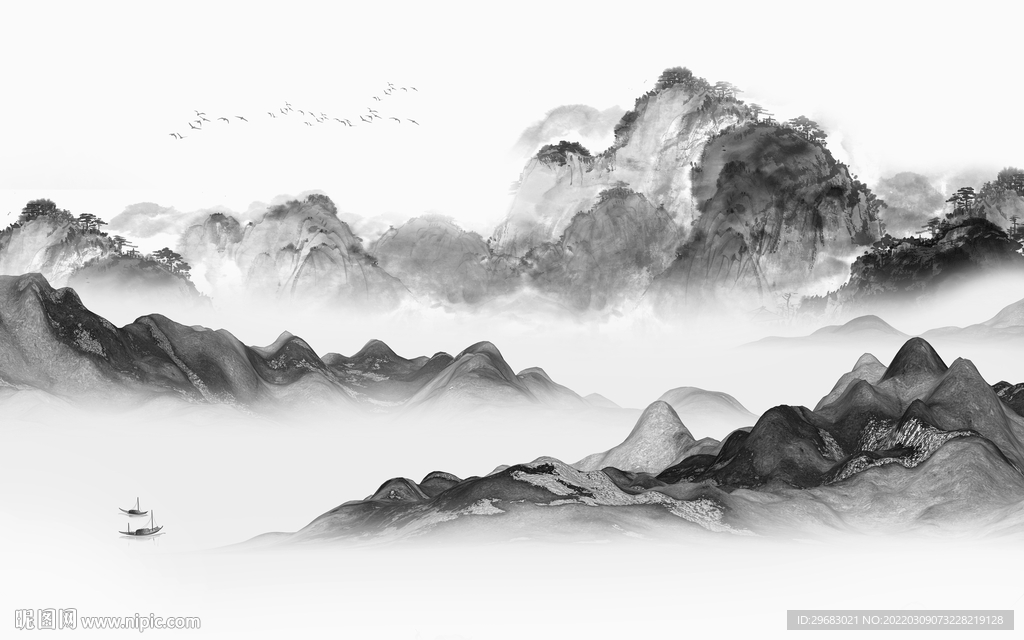中式风景灰色山水 tif分层