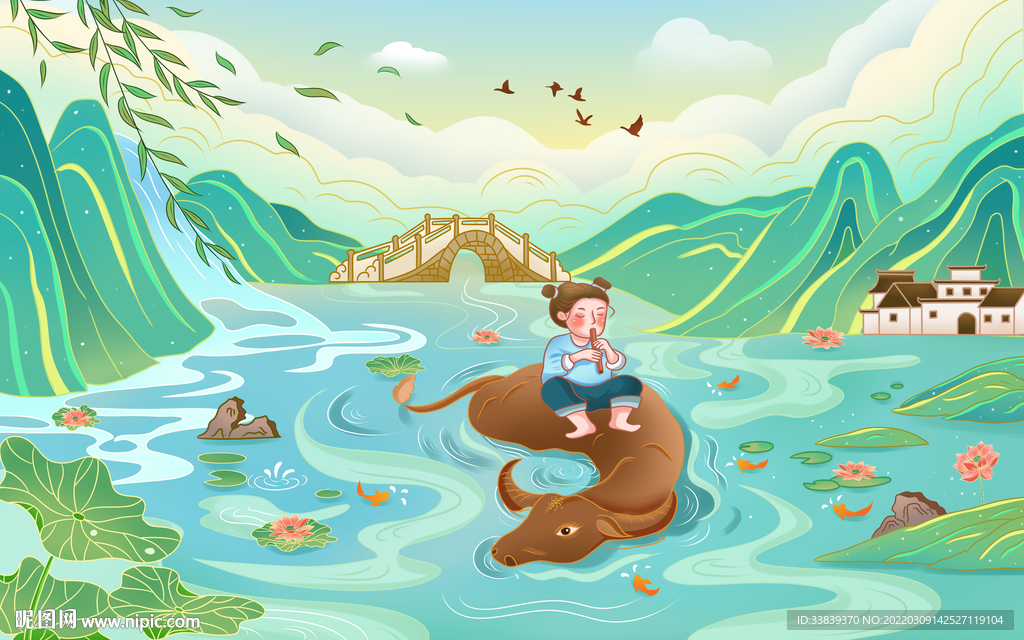 春天国潮插画设计背景