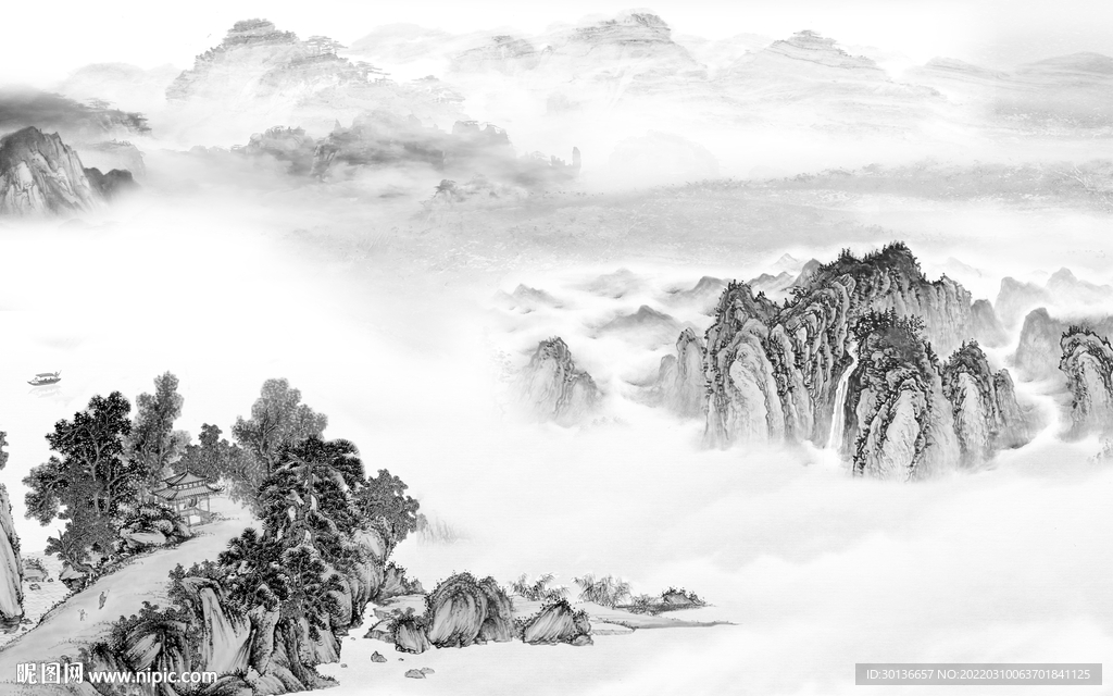 爆款意境灰色山水 tif分层