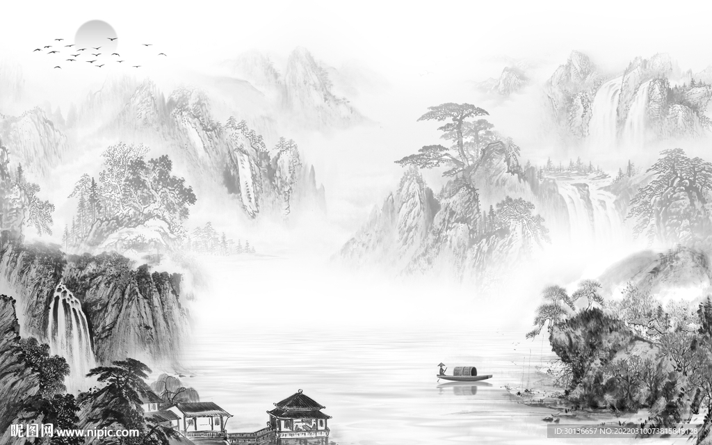 高清 灰色客厅山水 tif分层