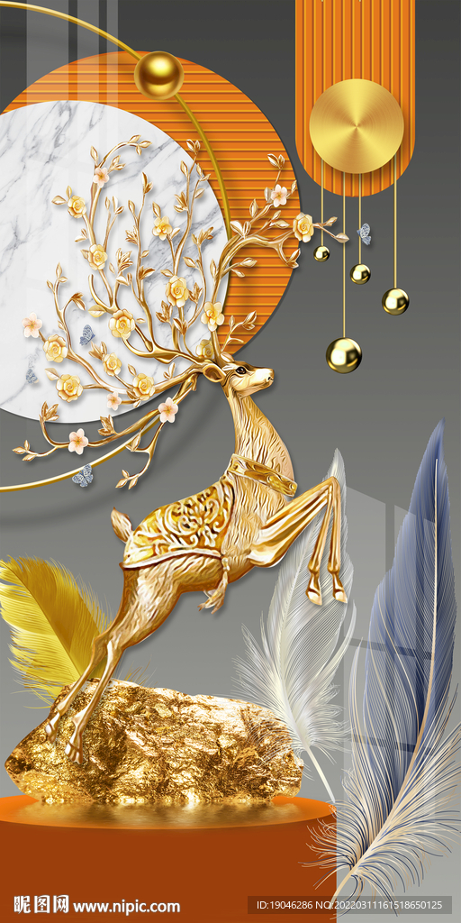 金色麋鹿玄关装饰画