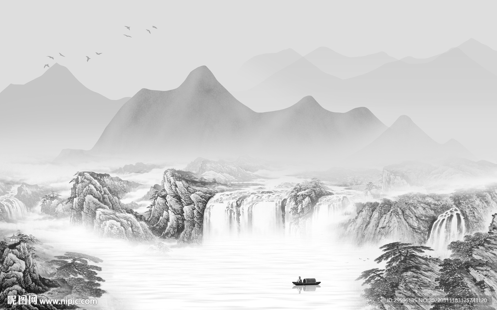 最新中式灰色山水 TIF分层