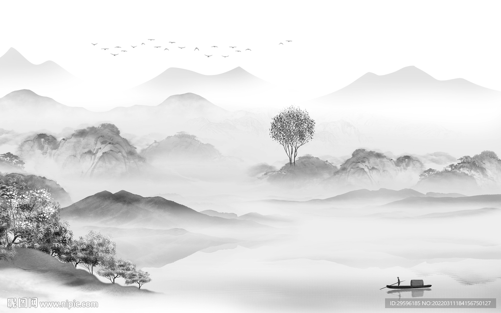 客厅 中式灰色山水 TIF分层