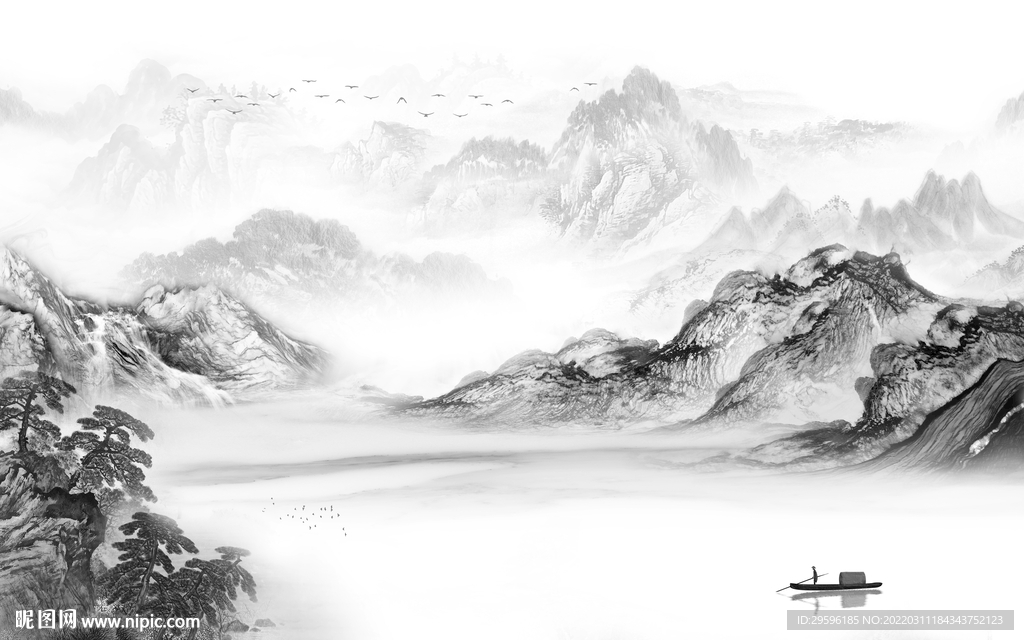 中国风中式灰色山水 TIF分层