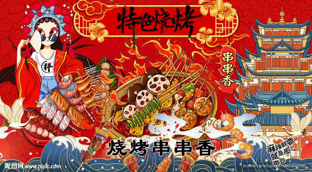 国潮烧烤炸串背景墙