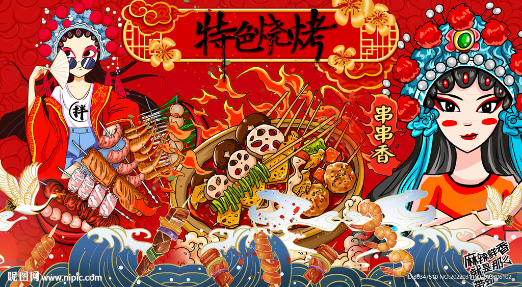 国潮烧烤麻辣串背景墙