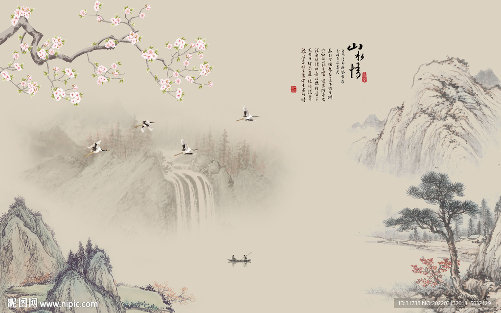 新中式手绘工笔花鸟电视背景墙