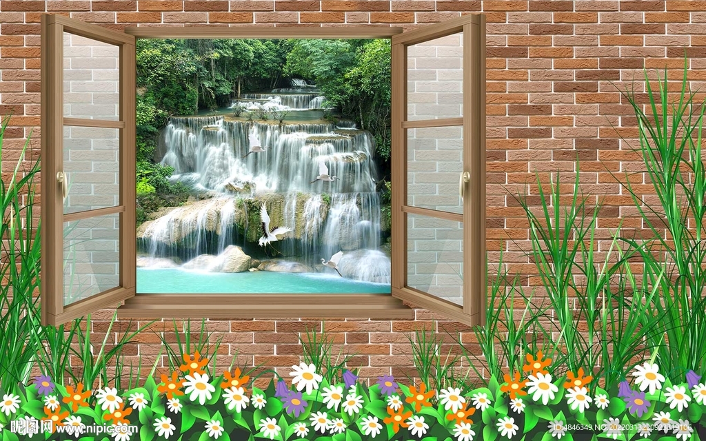 3D立体窗户流水生财背景墙
