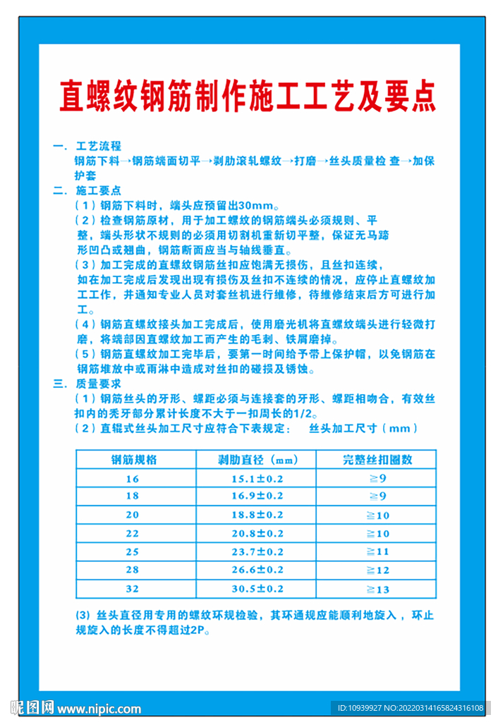 直螺纹施工工艺牌