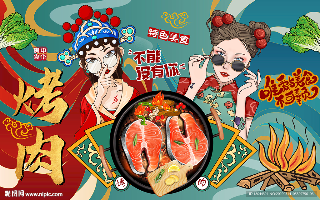 国潮美女美食烤肉工装背景墙
