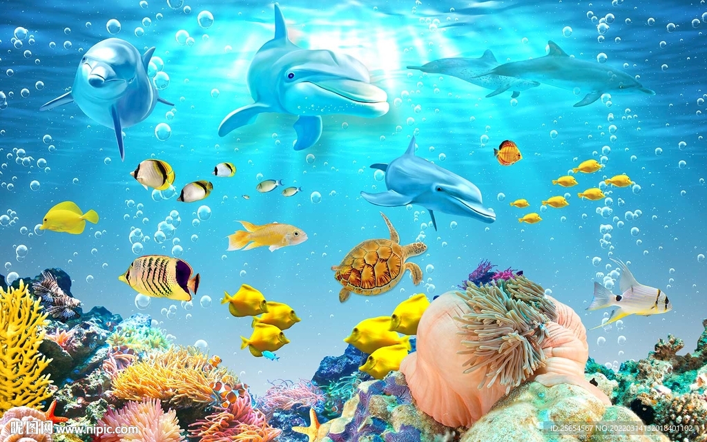 海底世界海豚母子儿童房背景墙