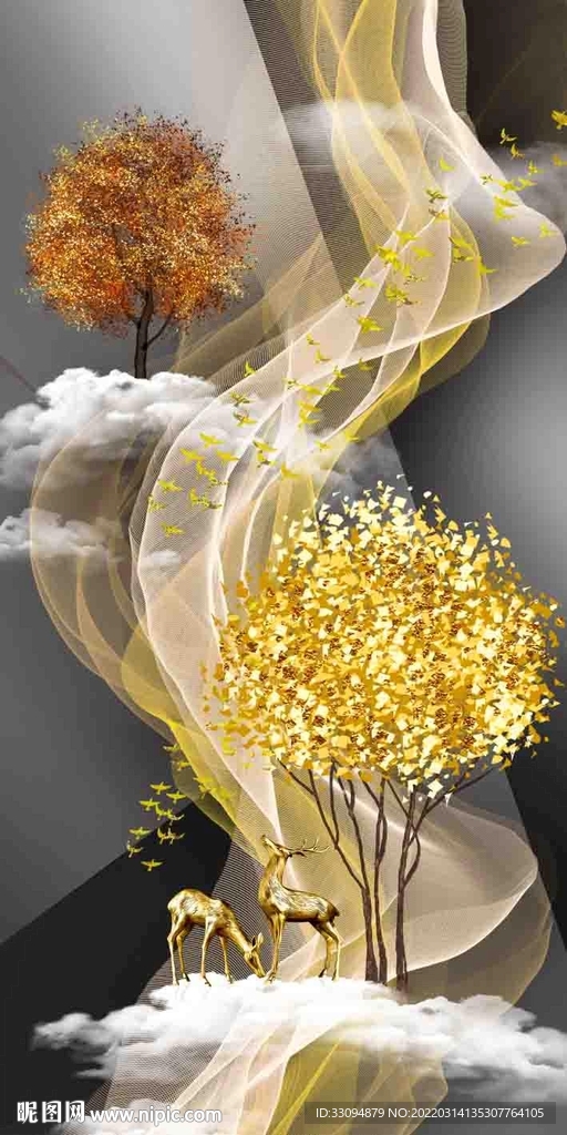 高清分层轻奢烟雾麋鹿装饰画