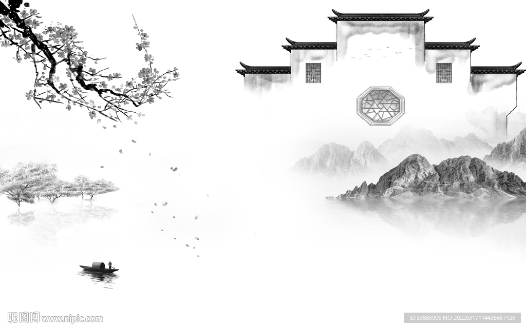 徽派背景墙山水画 tif分层