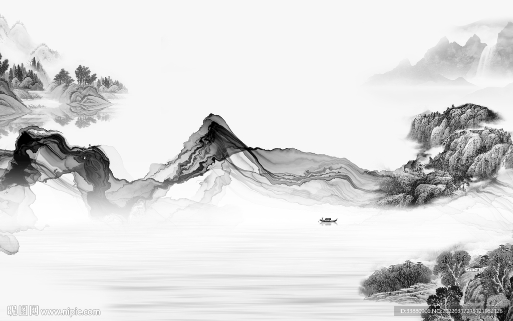 新中式客厅背景山水 tif分层