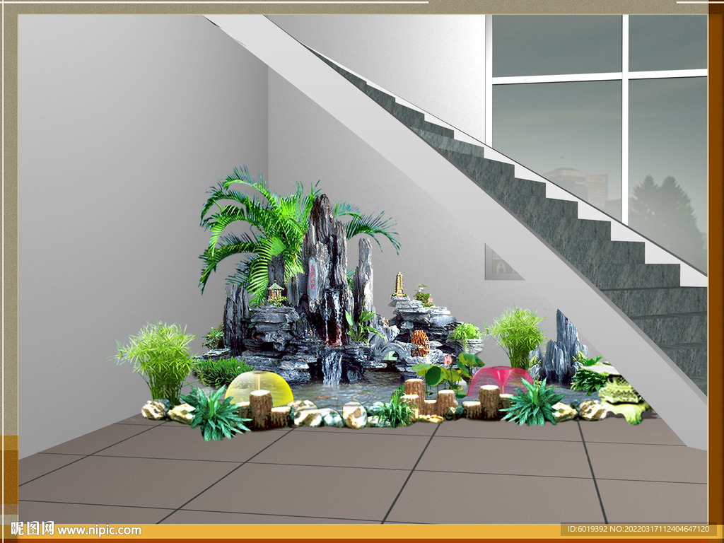 新中式楼梯底景观小品模型SU模型下载[ID:114246156]_建E室内设计网