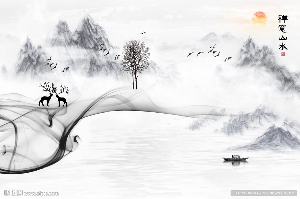 新中式禅意山水形象墙