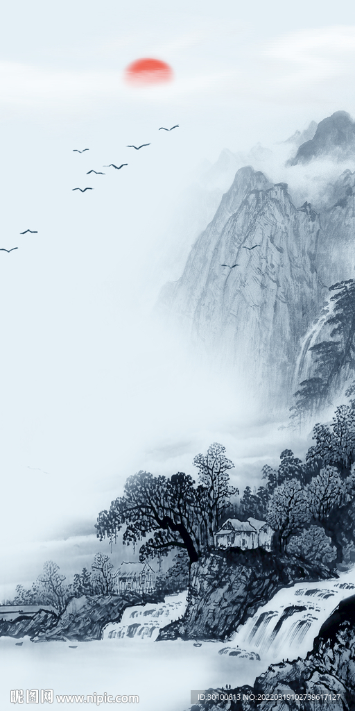 蓝色背景画新山水 tif分层