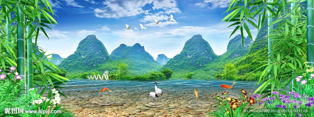 竹林流水床头装饰画