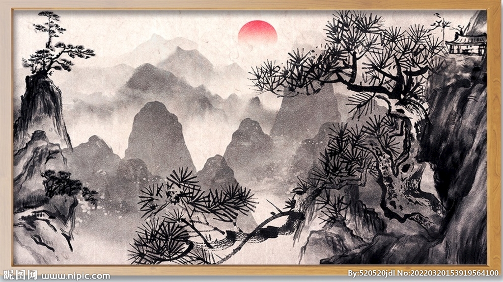 古典中国古风水彩画水墨山水风景