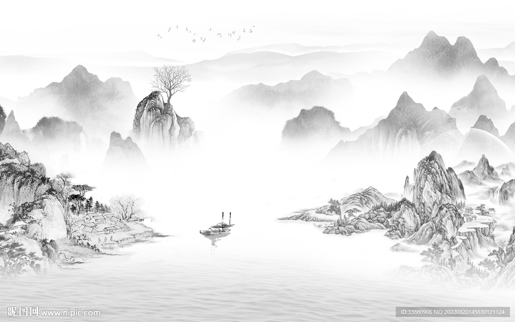 中国风灰色山水框画 tif分层
