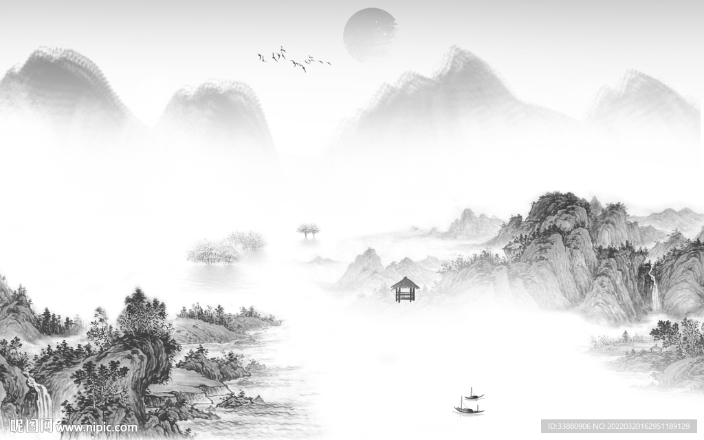 中式 客厅灰色山水 tif分层