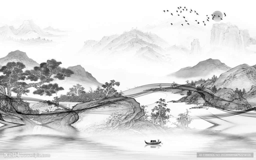 中国风客厅灰色山水 tif分层