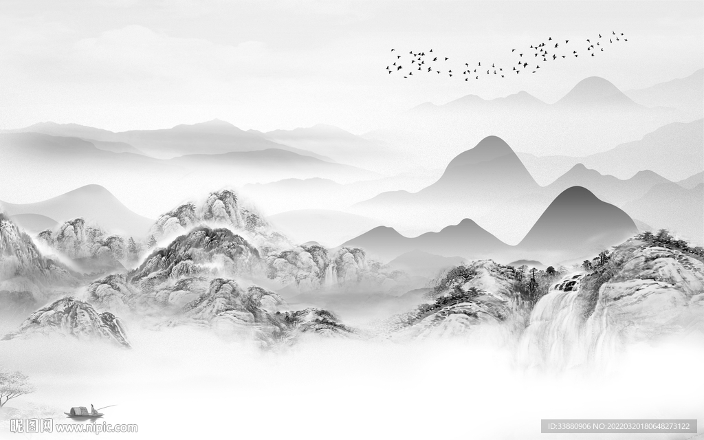 中国风墙画意境山水 TIF分层