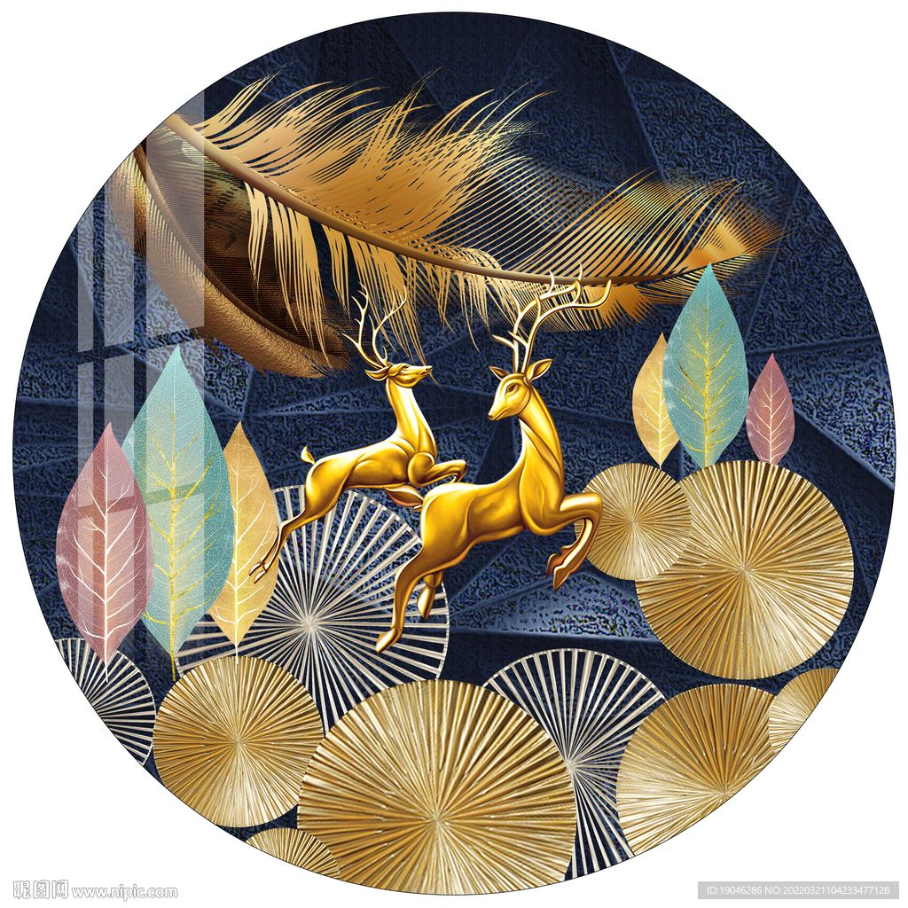 金色羽毛麋鹿圆形装饰画