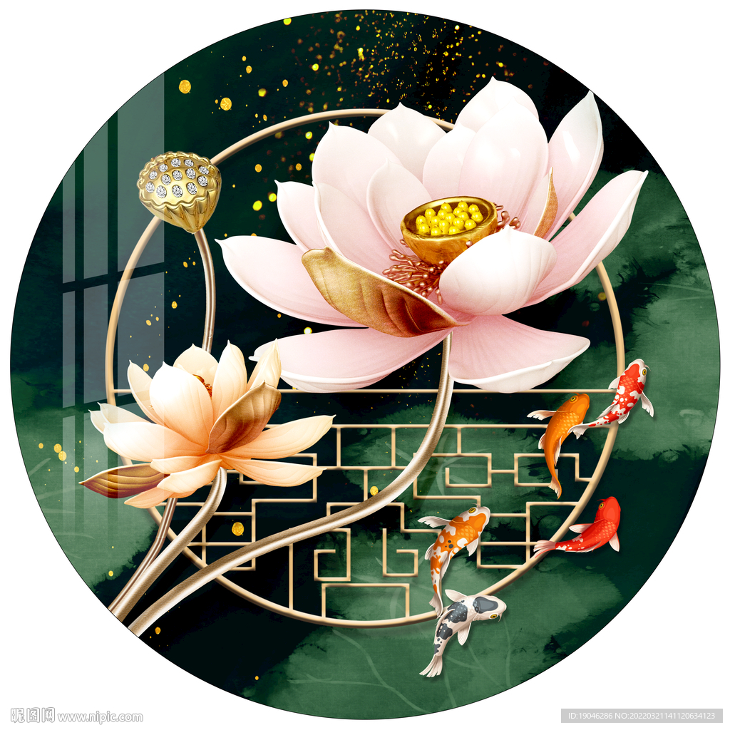 中式浮雕荷花鲤鱼圆形装饰画