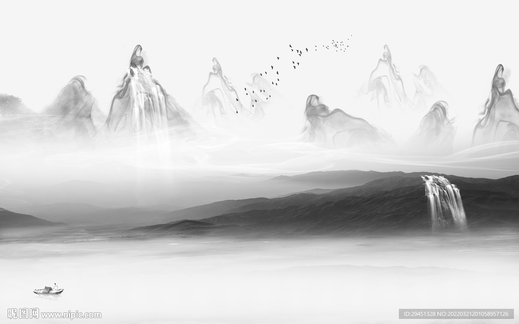 别墅电视墙画山水 TIF分层