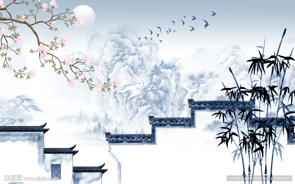 花鸟电视墙画山水 TIF分层