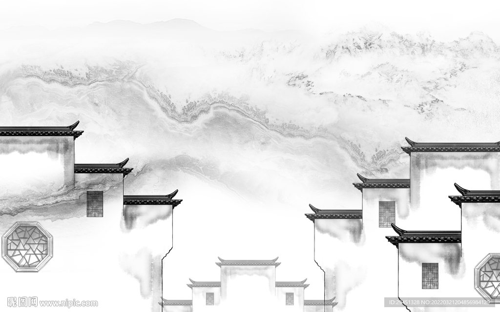 徽派电视墙画山水 TIF分层