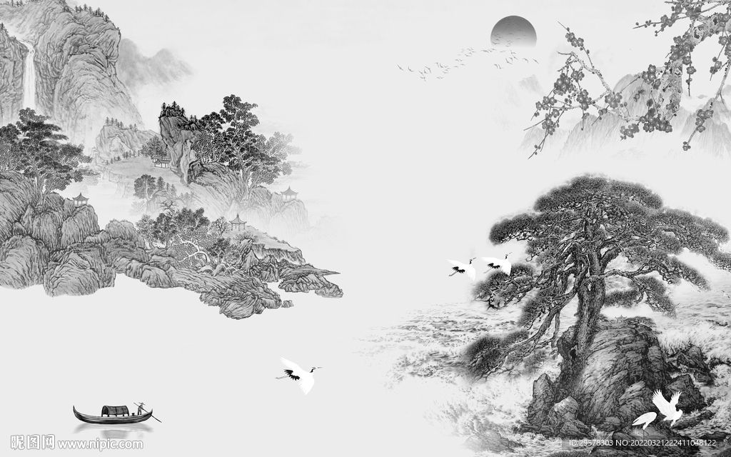 别墅背景墙山水图 TIF分层