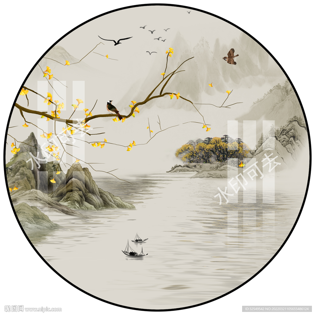 新中式水墨花鸟山水圆形装饰画