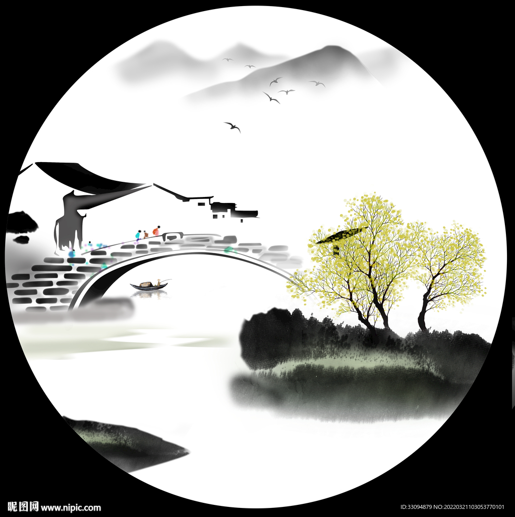 高清分层圆形水墨山水