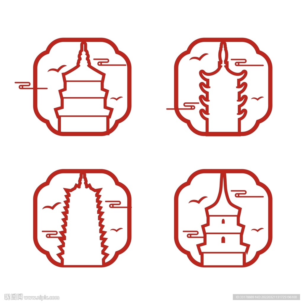 矢量中国风古塔建筑线条边框