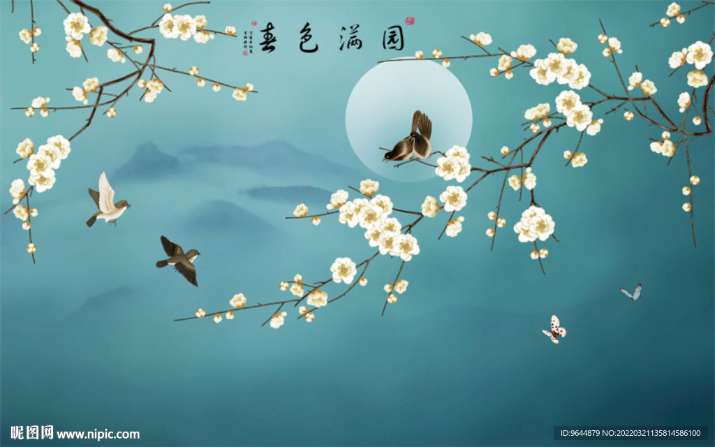 中式手绘工笔花鸟壁画