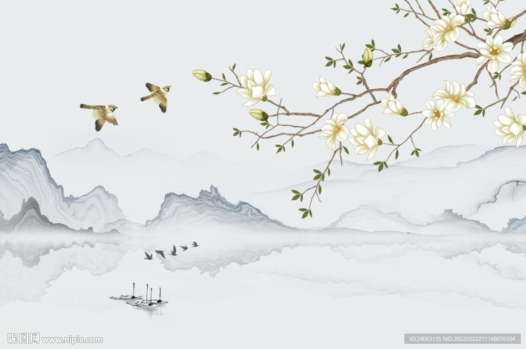 新中式山水花鸟背景墙