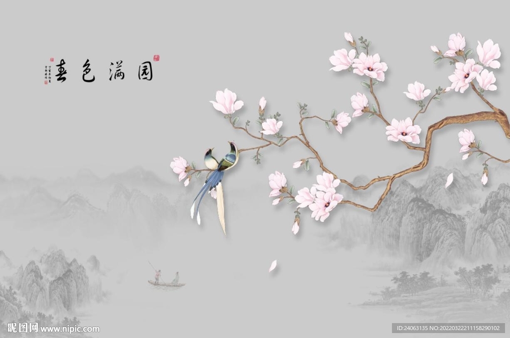 新中式花鸟春色满园背景墙