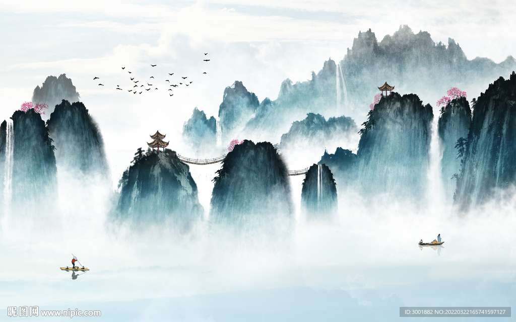 轻奢装饰画 水墨山水风景画 船