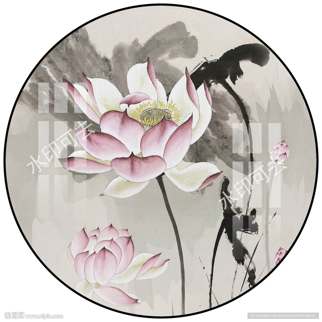 新中式荷花圆形装饰画