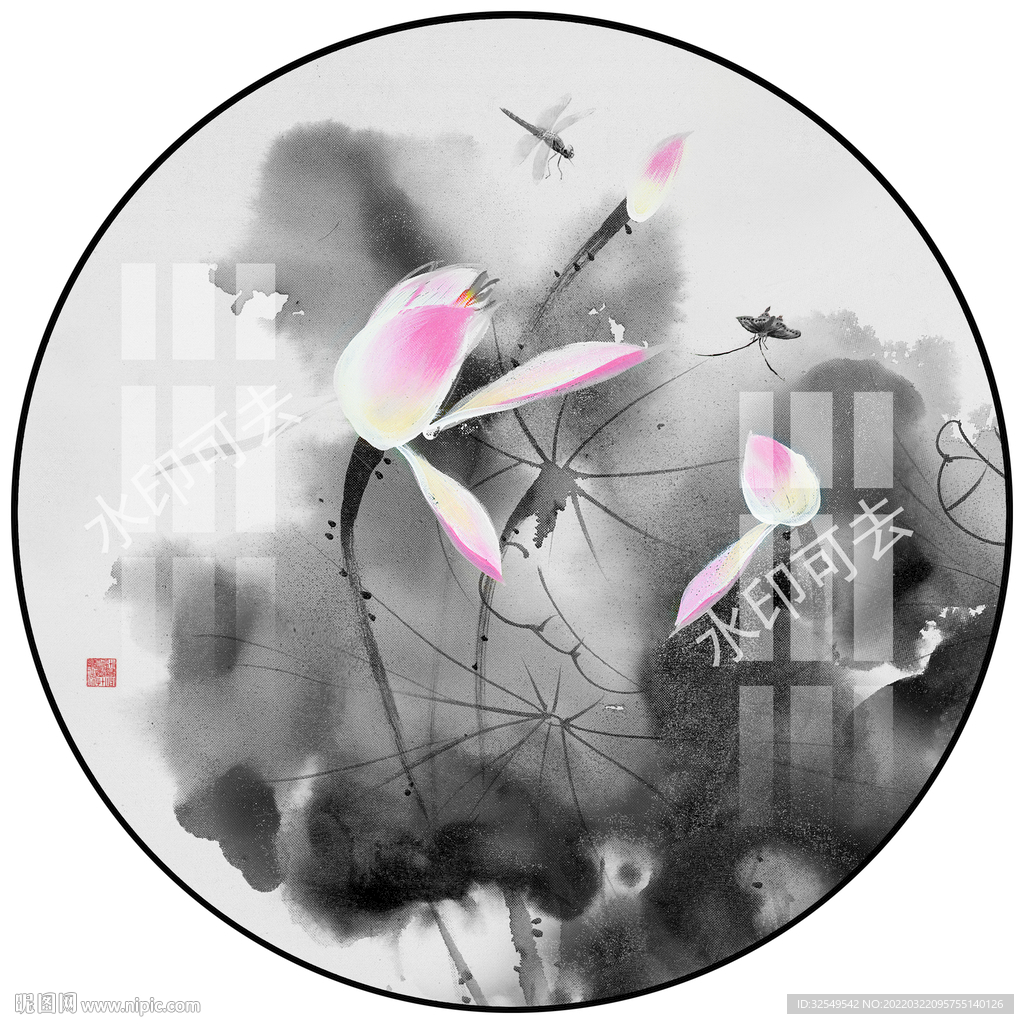 新中式水墨荷花圆形装饰画