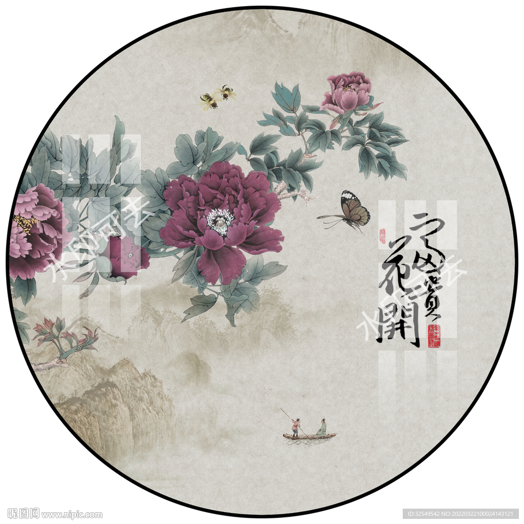 中式牡丹山水圆形装饰画