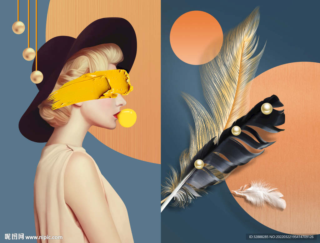 美女羽毛餐厅装饰画