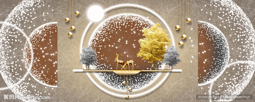 相框光影麋鹿山水画