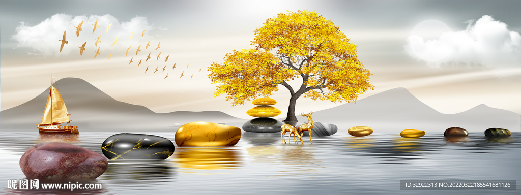 石来运转发财树山水装饰画