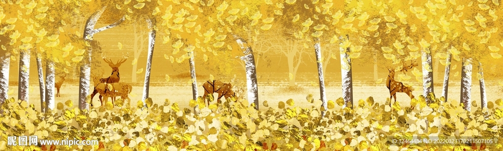 金色银杏叶麋鹿抽象装饰画